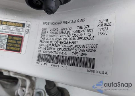 2016 Honda Cr-V Ex-L z USA, uszkodzony, nr VIN 5J6RM4H72GL051104